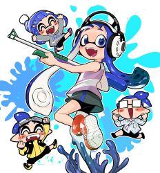 Rule 34 | 1boy, 1girl, :d, ^ ^, beanie, bike shorts, black-framed eyewear, black shorts, blue eyes, blue hair, blue headwear, chibi, chibi inset, clenched hand, closed eyes, doro mizu 831, glasses, goggles, goggles on head, grey shorts, grey sweater, gun, happy, hat, headphones, holding, holding gun, holding weapon, inkling, inkling boy, inkling girl, inkling player character, jacket, long hair, multiple views, nintendo, open mouth, orange footwear, paint splatter, pointy ears, print footwear, shoes, short hair, shorts, shorts under shorts, simple background, smile, splat charger (splatoon), splatoon (series), splatoon 2, sweater, teeth, tentacle hair, upper teeth only, weapon, white background, yellow jacket
