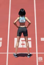 Rule 34 | 1girl, artist logo, artist name, black hair, black shorts, commentary, english commentary, facing away, from above, from behind, hands on own hips, highres, kan liu (666k), midriff, outdoors, real life, running track, shadow, shoes, short hair, short twintails, shorts, sneakers, solo, sports bra, sportswear, twintails