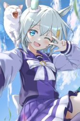 Rule 34 | 1girl, absurdres, animal ears, blue eyes, blush, cat, cloud, cloudy sky, commentary request, hair ornament, highres, horse ears, horse girl, kagami (haret46), looking at viewer, one eye closed, open mouth, school uniform, seiun sky (umamusume), selfie, short hair, silver hair, sky, solo, tracen school uniform, umamusume
