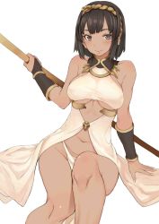 Rule 34 | 1girl, bare shoulders, blush, bracer, breasts, brown eyes, brown hair, collarbone, covered erect nipples, curvy, dark-skinned female, dark skin, egyptian, egyptian mythology, groin, hairband, highres, large breasts, md5 mismatch, navel, original, polearm, resized, resolution mismatch, ricci, short hair, smile, solo, source larger, underwear, wadjet (mythology), weapon, white background, wide hips
