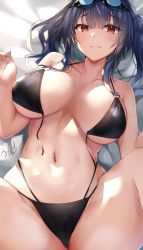 Rule 34 | 1girl, absurdres, azur lane, bed sheet, bikini, black bikini, black hair, blunt bangs, breasts, breasts apart, collarbone, commentary request, goggles, goggles on head, highres, huge filesize, large breasts, looking at viewer, lying, navel, o-ring, o-ring bikini, o-ring top, on back, open bikini, open clothes, pola (azur lane), red eyes, signature, solo, spread legs, swimsuit, u ronnta, untied bikini, wardrobe malfunction