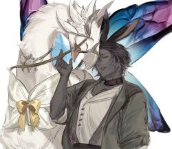Rule 34 | 1boy, ^ ^, animal ears, barding, beak, belt, black hair, bow, bowtie, brown choker, butterfly wings, chocobo, choker, closed eyes, commentary request, dark-skinned male, dark skin, erenville, final fantasy, final fantasy xiv, forehead-to-forehead, green jacket, hand up, heads together, highres, insect wings, jacket, korean commentary, male focus, open mouth, parted lips, rabbit ears, reins, shirt, short hair, simple background, smile, stusoup, upper body, viera, white background, white shirt, wings, yellow bow, yellow bowtie