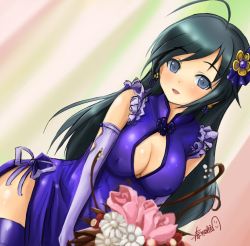Rule 34 | 10s, 1girl, alternate costume, bare shoulders, black hair, blue dress, blue gloves, blue legwear, bouquet, breasts, china dress, chinese clothes, cleavage, cleavage cutout, clothing cutout, covered erect nipples, cowboy shot, dress, dutch angle, earrings, elbow gloves, flower, girls und panzer, gloves, grey eyes, hair ornament, haruhata mutsuki, holding, isuzu hana, jewelry, long hair, looking at viewer, medium breasts, parted lips, shiny clothes, shiny skin, side slit, sleeveless, sleeveless dress, smile, solo, standing