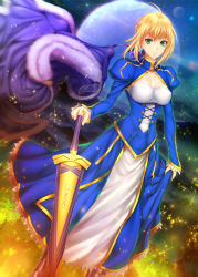 Rule 34 | 1girl, aqua eyes, artoria pendragon (all), artoria pendragon (fate), avalon (fate/stay night), bad id, bad pixiv id, blonde hair, breasts, unworn cape, cleavage, cleavage cutout, clothing cutout, covered erect nipples, excalibur (fate/stay night), fate/stay night, fate (series), full moon, highres, holding, holding sword, holding weapon, looking at viewer, moon, saber (fate), smile, solo, sword, underbust, weapon, zucchini