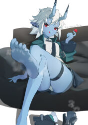 Rule 34 | 1girl, barefoot, blue skin, candy, colored skin, couch, crossed legs, feet, food, highres, horns, licking lips, lollipop, long hair, looking at viewer, panties, pantyshot, pointy ears, raywallin, red eyes, shoes, sitting, soles, soukaku (zenless zone zero), steam, toes, tongue, tongue out, underwear, unworn shoes, white hair, zenless zone zero
