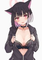 Rule 34 | 1girl, absurdres, animal ears, black bra, black choker, black jacket, blue archive, blush, bra, breasts, cat ears, choker, extra ears, halo, highres, hood, hooded jacket, jacket, kazusa (blue archive), kirin (kirin1023), large breasts, looking at viewer, medium hair, multicolored hair, open clothes, open jacket, open mouth, partially unzipped, pink hair, red eyes, simple background, solo, two-tone hair, underwear