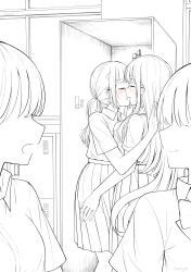 Rule 34 | 4girls, absurdres, betock, blush, closed eyes, collared shirt, commentary request, greyscale, highres, hug, in locker, indoors, kiss, long hair, monochrome, multiple girls, open clothes, original, pleated skirt, ponytail, school, school uniform, shirt, short sleeves, skirt, smile, spot color, sweat, x-ray, yuri