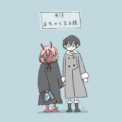 Rule 34 | 10s, 1boy, 1girl, black cloak, black hair, blue eyes, book, boots, cloak, coat, colored sclera, colored skin, commentary request, couple, darling in the franxx, fringe trim, fur boots, fur trim, green eyes, grey coat, holding hands, hiro (darling in the franxx), holding, holding book, hood, hooded cloak, horns, kzzrp, long hair, looking at viewer, oni horns, parka, pink hair, red horns, red pupils, red sclera, red skin, short hair, winter clothes, winter coat, aged down, zero two (darling in the franxx)