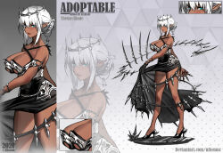 Rule 34 | 1girl, 2020, adoptable, allosauc, artist name, asymmetrical dress, bare arms, bare legs, belt, between fingers, black belt, black dress, black footwear, black gloves, blue eyes, braid, breasts, character sheet, close-up, clothes lift, commentary, cowboy shot, crown, dark-skinned female, dark skin, deviantart username, dress, dress lift, english commentary, english text, full body, gloves, gradient background, grey background, hair bun, high heels, highres, holding, holding knife, knife, large breasts, lipstick, low neckline, makeup, multiple views, original, parted lips, pointy ears, polka dot, polka dot background, projected inset, red lips, short hair with long locks, simple background, single braid, single hair bun, too many, too many knives, triangle background, white hair, white headwear