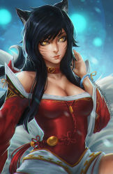 Rule 34 | 1girl, ahri (league of legends), animal ears, blue hair, breasts, close-up, fox ears, korean clothes, koyorin, league of legends, long hair, looking at viewer, off shoulder, slit pupils, solo, upper body, wide sleeves