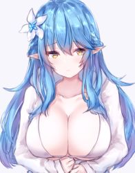 Rule 34 | 1girl, ahoge, blue hair, braid, breasts, bright pupils, cleavage, collarbone, commentary request, flower, french braid, frown, furrowed brow, hair between eyes, hair flower, hair ornament, half updo, highres, hololive, kousi sirazawa, large breasts, light blush, long hair, long sleeves, looking to the side, parted lips, pointy ears, shirt, simple background, solo, upper body, virtual youtuber, white background, white flower, white pupils, white shirt, yellow eyes, yukihana lamy