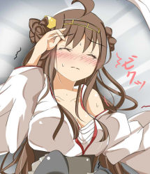 Rule 34 | 10s, 1girl, appei (555), breasts, brown hair, cleavage, detached sleeves, double bun, kantai collection, kongou (kancolle), large breasts, lying, nontraditional miko, on back, on bed, personification, solo