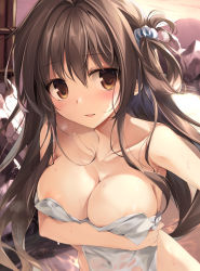 Rule 34 | :d, blush, breasts, brown eyes, brown hair, character request, cleavage, collarbone, copyright request, covering privates, hair ornament, highres, indoors, karory, large breasts, long hair, looking at viewer, naked towel, nude cover, one side up, open mouth, sidelocks, smile, solo, towel, wet