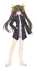 Rule 34 | 10s, 1girl, black vest, bottomless, breasts, brown hair, cleavage, full body, green eyes, hair ribbon, hand on own hip, highres, huang lingyin, infinite stratos, long hair, looking at viewer, ribbon, shirt, small breasts, smile, solo, transparent background, twintails, white shirt, yellow ribbon