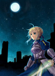 Rule 34 | 1girl, ahoge, armor, armored dress, artoria pendragon (fate), blonde hair, dress, excalibur (fate/stay night), fate/zero, fate (series), full moon, glowing, glowing sword, glowing weapon, green eyes, hair ribbon, moon, night, ribbon, saber (fate), serino itsuki, solo, sword, weapon, white s