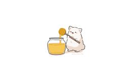 Rule 34 | :3, animal, animal focus, artist name, black eyes, blush stickers, dog, fluffy, fuwa fuwa dog, holding, honey, honey dipper, jar, no humans, open mouth, original, shadow, simple background, solid circle eyes, solo, standing, twitter username, white background