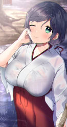 Rule 34 | 1girl, aqua eyes, bra visible through clothes, breasts, from above, hakama, hakama short skirt, hakama skirt, hand on own cheek, hand on own face, highres, japanese clothes, kazepana, kimono, large breasts, long hair, love live!, love live! school idol project, low twintails, miko, one eye closed, parted bangs, purple hair, red hakama, see-through, skirt, smile, tojo nozomi, twintails, wet, wet hair, white kimono, wide sleeves