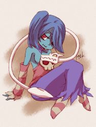 Rule 34 | 1girl, blue hair, blue skin, breasts, colored skin, crossed legs, detached collar, detached sleeves, dress, hair over one eye, highres, knees up, leviathan (skullgirls), red eyes, side ponytail, sideboob, sitting, skullgirls, socks, solo, squigly (skullgirls), stitched mouth, stitches, striped clothes, striped sleeves, striped socks, zombie