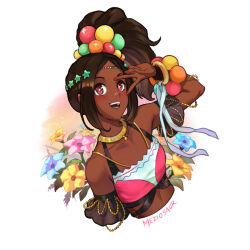 Rule 34 | 1girl, beads, brown eyes, brown hair, dark, fire emblem, fire emblem engage, flat chest, flower, gold necklace, hair beads, hair ornament, high ponytail, jewelry, looking at viewer, meziosaur, midriff, necklace, nintendo, ponytail, smile, solo, star-shaped pupils, star (symbol), star hair ornament, symbol-shaped pupils, teeth, timerra (fire emblem), upper body, upper teeth only, v, v over eye, white background