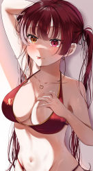 Rule 34 | 1girl, :p, absurdres, arm up, bad id, bad pixiv id, bare shoulders, bikini, blush, breasts, cleavage, earrings, gold trim, halterneck, hand on own chest, hand on own head, heart, heart necklace, heart print, heterochromia, highres, hololive, houshou marine, houshou marine (summer), jewelry, large breasts, long hair, mahiru yura, navel, necklace, red bikini, red eyes, red hair, sidelocks, skindentation, solo, stomach, sunlight, swimsuit, tongue, tongue out, twintails, upper body, virtual youtuber, yellow eyes