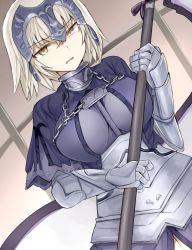 Rule 34 | 1girl, alternate costume, annoyed, armor, armored dress, blonde hair, breasts, capelet, chain, fate/grand order, fate (series), flag, gauntlets, headpiece, jeanne d&#039;arc (fate), jeanne d&#039;arc alter (avenger) (fate), jeanne d&#039;arc alter (fate), large breasts, revision, sabujiroko, short hair, solo, yellow eyes