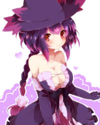 Rule 34 | 1girl, black gloves, black ribbon, blush, braid, breasts, cleavage, creatures (company), elbow gloves, game freak, gen 4 pokemon, gloves, hair ornament, hat, highres, long hair, mismagius, nintendo, personification, pokemon, red eyes, ribbon, single braid, solo, takeshima eku, witch hat