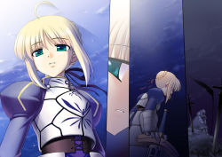 Rule 34 | 00s, 1girl, ahoge, armor, armored dress, artoria pendragon (fate), blonde hair, blue dress, braid, breastplate, close-up, dress, fate/stay night, fate (series), flag, gauntlets, green hair, long sleeves, parted lips, puffy long sleeves, puffy sleeves, saber (fate), short hair, sword, teeth, upper body, weapon