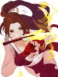 Rule 34 | 1girl, absurdres, breasts, fatal fury, fire, highres, large breasts, long hair, ponytail, shiranui mai, solo