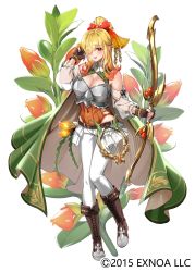 Rule 34 | 1girl, armor, blonde hair, boots, bow, bow (weapon), breasts, brown footwear, brown gloves, cape, cleavage, detached sleeves, fingerless gloves, flower, flower knight girl, full body, gloves, gradient bow, gradient hair, green cape, hair bow, hair bun, hair over one eye, harp, highres, holding, holding bow (weapon), holding weapon, hypocyrta (flower knight girl), instrument, knee boots, large breasts, leotard, looking at viewer, medium hair, multicolored hair, name connection, object namesake, official art, open mouth, orange hair, orange leotard, pants, red bow, red eyes, saruchitan, see-through, see-through sleeves, shiny skin, simple background, skin tight, smile, solo, standing, weapon, white background, white pants