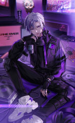 Rule 34 | 1boy, black gloves, commentary, controller, energy drink, fingerless gloves, full body, fuwa minato, fuwa minato (2nd costume), game controller, game over, gloves, headphones, high collar, highres, indoors, jacket, kawausoman, knee pads, looking at viewer, male focus, monitor, multicolored hair, nijisanji, phonograph, purple eyes, purple hair, purple jacket, purple theme, shoes, smile, sneakers, solo, streaked hair, tongue, tongue out, virtual youtuber, white footwear, white hair