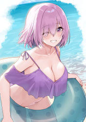 Rule 34 | 1girl, alternate costume, arched back, ayul (ayulneri 92), bare shoulders, bikini, breasts, cleavage, collarbone, commentary, fate/grand order, fate (series), hair over one eye, highres, horizon, innertube, large breasts, leaning forward, light purple hair, looking at viewer, mash kyrielight, navel, ocean, off-shoulder bikini, off shoulder, one eye closed, polka dot innertube, purple bikini, purple eyes, short hair, smile, solo, standing, swim ring, swimsuit, thighs, water