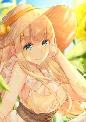 Rule 34 | 1girl, blonde hair, blue sky, closed mouth, dress, flower, green eyes, hat, highres, kasumillust, long hair, looking at viewer, outdoors, rapunzel (sinoalice), sinoalice, sky, sleeveless, sleeveless dress, smile, solo, straw hat, sundress, sunflower, yellow dress
