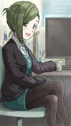 Rule 34 | 1girl, asymmetrical hair, bad id, bad pixiv id, blush, brown eyes, brown pantyhose, buttons, cardigan, computer, cowboy shot, crossed legs, cup, folded ponytail, formal, from side, green hair, hand on table, hand on thigh, highres, idolmaster, idolmaster shiny colors, indoors, inu chikushou, jacket, keyboard, knees, legs, long hair, looking at viewer, monitor, nanakusa hazuki, office, office lady, on chair, open cardigan, open clothes, open jacket, open mouth, pantyhose, pencil skirt, purple jacket, sidelocks, sitting, skirt, smile, solo, suit, swivel chair, tareme, window