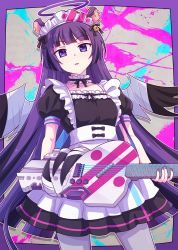 Rule 34 | 1girl, animal ears, apron, bandaged wings, black dress, black wings, breasts, commentary request, cowboy shot, dress, e20, ear piercing, feathered wings, frilled apron, frills, halo, highres, holding, holding instrument, instrument, instrument request, looking at viewer, maid headdress, pantyhose, parted lips, piercing, puffy short sleeves, puffy sleeves, purple eyes, purple hair, shimmakk (show by rock!!), short sleeves, show by rock!!, small breasts, solo, standing, white apron, white pantyhose, wings