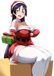 Rule 34 | 1girl, absurdres, bare shoulders, belt, blush, box, breasts, christmas, cleavage, collarbone, dress, elbow gloves, fate/grand order, fate (series), fur-trimmed dress, fur trim, gift, gift box, gloves, hair between eyes, hat, highres, large breasts, long hair, looking at viewer, manno (kanpi2100), minamoto no raikou (fate), open mouth, parted bangs, purple eyes, purple hair, red dress, red gloves, red hat, santa costume, santa hat, simple background, sitting, smile, solo, thighhighs, thighs, very long hair, white background, white thighhighs
