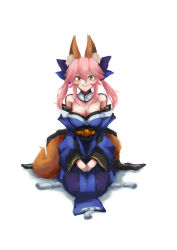 Rule 34 | 1girl, absurdres, animal ear fluff, animal ears, artist request, bare shoulders, blue kimono, blue ribbon, breasts, cleavage, commentary, commentary request, detached sleeves, fate/extella, fate/extella link, fate/extra, fate/extra ccc, fate/grand order, fate (series), fox ears, fox girl, fox tail, hair ribbon, highres, japanese clothes, kimono, large breasts, looking at viewer, pink hair, ribbon, simple background, sitting, solo, tail, tamamo (fate), tamamo no mae (fate/extra), white background, yellow eyes