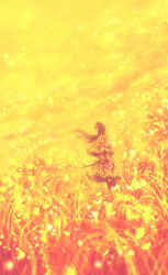Rule 34 | 1girl, arm at side, brown hair, capelet, dress, facing away, fantasy, field, floating hair, fringe trim, from side, light particles, long hair, orange dress, original, outdoors, petals, sakimori (hououbds), solo, standing, stick, wind, yellow theme