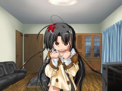 Rule 34 | 1girl, anger vein, angry, black hair, brown eyes, buttons, clenched hands, couch, curtains, door, frown, game cg, houjou aoi, indoors, kokonoka, long hair, marionette ~ito tsukai~, panties, solo, table, tachi-e, underwear