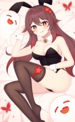 Rule 34 | 1girl, animal ears, ass, bare shoulders, bed sheet, black thighhighs, breasts, brown hair, cleavage, colored tips, detached collar, fake animal ears, fang, flower, flower-shaped pupils, genshin impact, ghost, hair flower, hair ornament, highres, hu tao (genshin impact), legband, lemonfira, leotard, licking lips, long hair, looking at viewer, lying, medium breasts, multicolored hair, on back, playboy bunny, red eyes, sidelocks, smile, symbol-shaped pupils, thighhighs, tongue, tongue out, twintails, wrist cuffs