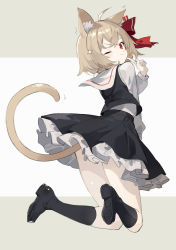 Rule 34 | 1girl, ahoge, animal ear fluff, animal ears, black footwear, black skirt, black socks, black vest, blonde hair, blush, cat ears, cat tail, commentary request, finger to mouth, from behind, grey background, hair ribbon, hand up, highres, kemonomimi mode, kneehighs, loafers, long sleeves, looking at viewer, looking back, miniskirt, petticoat, red eyes, red ribbon, ribbon, rumia, sh (shinh), shirt, shoe soles, shoes, short hair, skirt, skirt set, socks, solo, sparkle, tail, thighs, touhou, two-tone background, vest, white background, white shirt
