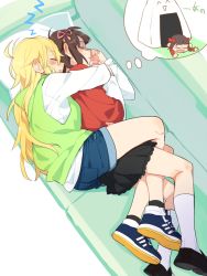 Rule 34 | &gt; &lt;, 2girls, ^ ^, ahoge, amami haruka, ankle socks, between legs, between thighs, black skirt, black socks, blonde hair, blue footwear, blunt bangs, blush, bow, brown hair, chibi, closed eyes, closed mouth, couch, cuddling, d.y.x., d:, denim, denim shorts, dreaming, drooling, dx, facing viewer, food, from above, full body, hair bow, hair ribbon, hands up, hood, hood down, hoshii miki, hug, hug from behind, idolmaster, idolmaster (classic), indoors, kneehighs, leg between thighs, loafers, long hair, long sleeves, lying, mouth drool, multiple girls, nightmare, no nose, on side, on stomach, onigiri, open hands, open mouth, oversized food, oversized object, parted lips, pillow, pink ribbon, pleated skirt, profile, red bow, ribbon, shaded face, shoe soles, shoes, short hair, shorts, skirt, sleeping, smile, sneakers, socks, spooning, sweat, thought bubble, turn pale, two-tone footwear, wavy mouth, white legwear, yuri, zzz