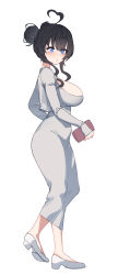 Rule 34 | 1girl, :o, ahoge, aningay, black hair, blue eyes, breasts, commentary request, cropped jacket, dongtan dress, double bun, dress, from side, full body, grey dress, grey jacket, hair between eyes, hair bun, heart, heart ahoge, highres, jacket, korean commentary, large breasts, long hair, long sleeves, meme attire, open clothes, open jacket, original, parted lips, shoes, sidelocks, simple background, sleeves past wrists, solo, white background, white footwear