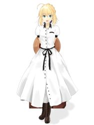 Rule 34 | 1girl, ahoge, arms behind back, artoria pendragon (all), artoria pendragon (fate), bad id, bad pixiv id, blush, boots, braid, brown footwear, cross-laced footwear, fate/grand order, fate/stay night, fate (series), french braid, green eyes, hair ribbon, hat, kazama (akki12), lace-up boots, official alternate costume, ribbon, saber (fate), smile, solo, straw hat, suitcase, white background