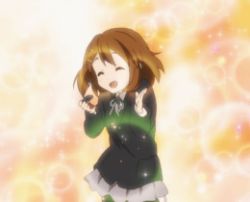 Rule 34 | 00s, 1girl, animated, animated gif, bishie sparkle, brown hair, bubble, castanets, closed eyes, dancing, hair ornament, hairclip, happy state, hirasawa yui, instrument, k-on!, lowres, non-web source, pantyhose, school uniform, screencap, short hair, smile, solo, un tan
