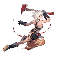 Rule 34 | 1girl, apron, axe, belt, belt pouch, black bra, black gloves, black survival, blood, blood on clothes, blood on face, blood splatter, blood stain, boots, bra, breasts, eternal return: black survival, fire axe, full body, gloves, hammer, highres, holding, holding weapon, jackie quilt, looking at viewer, medium breasts, official art, orange apron, pouch, red eyes, scar, scar on face, scissors, short hair, smile, solo, underwear, weapon, white hair