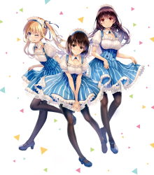 Rule 34 | 3girls, absurdres, blonde hair, blue eyes, blue footwear, breasts, brown hair, cleavage, collarbone, dress, fingernails, frills, full body, hair ornament, high heels, highres, kasumigaoka utaha, katou megumi, leg up, long hair, looking at viewer, maid, maid headdress, mary janes, medium breasts, misaki kurehito, multiple girls, official art, own hands together, pantyhose, parted lips, puffy short sleeves, puffy sleeves, red eyes, saenai heroine no sodatekata, sawamura spencer eriri, shoes, short dress, short sleeves, simple background, skirt, skirt hold, small breasts, smile, strappy heels, striped clothes, striped dress, tongue, tongue out, twintails, vertical-striped clothes, vertical-striped dress, white background