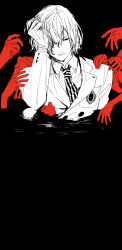 Rule 34 | 1boy, absurdres, akechi gorou, black background, closed mouth, collared shirt, disembodied hand, gloves, hair between eyes, hand in own hair, hand on another&#039;s shoulder, hand up, highres, jacket, kaisen (kaisen inari), long sleeves, looking down, male focus, necktie, partially submerged, persona, persona 5, shirt, short hair, solo focus, spot color, striped necktie, upper body, vertical-striped clothes, vertical-striped necktie