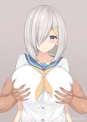 Rule 34 | 10s, 1boy, 1girl, 2017, alternate hair length, alternate hairstyle, arms at sides, artist name, blouse, blue eyes, blush, bob cut, grabbing another&#039;s breast, breasts, collarbone, dated, from behind, grabbing, grabbing from behind, grey background, hair ornament, hair over one eye, hairclip, hamakaze (kancolle), hetero, highres, huge breasts, kantai collection, kuavera, looking at viewer, neckerchief, parted bangs, purple background, school uniform, serafuku, shirt, short hair, short sleeves, silver hair, simple background, smile, solo focus, twitter username, white shirt, yellow neckerchief