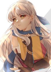 Rule 34 | 1girl, black gloves, blonde hair, blue scarf, book, edamameoka, elbow gloves, fingerless gloves, fire emblem, fire emblem: radiant dawn, gloves, grey hair, hair ribbon, highres, holding, holding book, long hair, looking to the side, micaiah (fire emblem), nintendo, ribbon, scarf, side slit, simple background, solo, white background