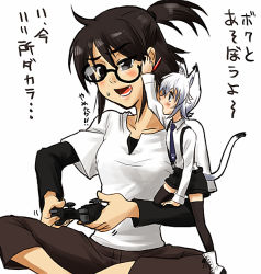 Rule 34 | 2girls, animal ears, brown hair, cat ears, cat tail, controller, dualshock, game controller, gamepad, glasses, mini person, minigirl, multiple girls, necktie, original, playing games, playstation controller, tail, takano saki, translated, video game, white hair